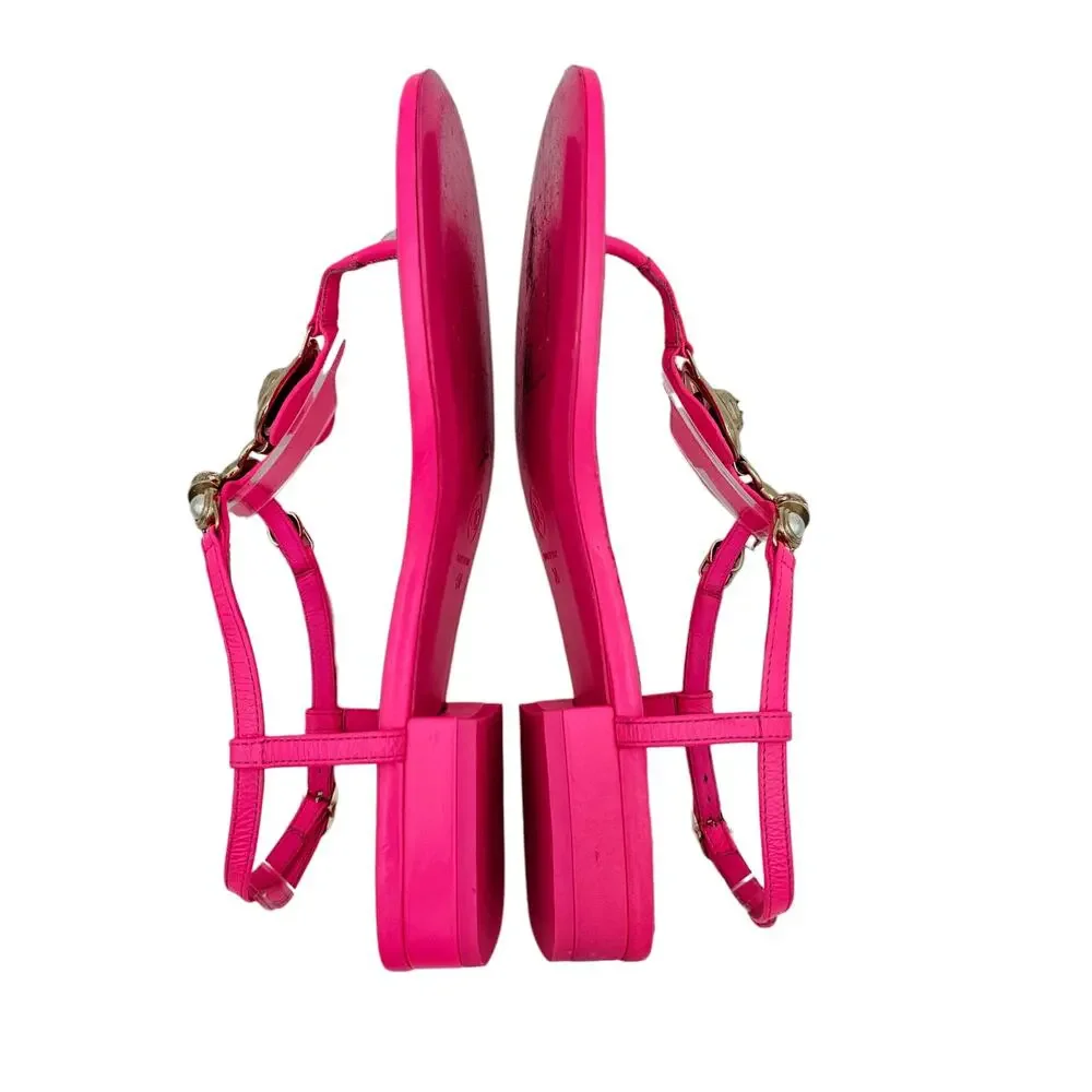 Chanel CC Heart Thong Flat Sandal Neon Hot Pink Leather Gold Size 38 US 7 7.5